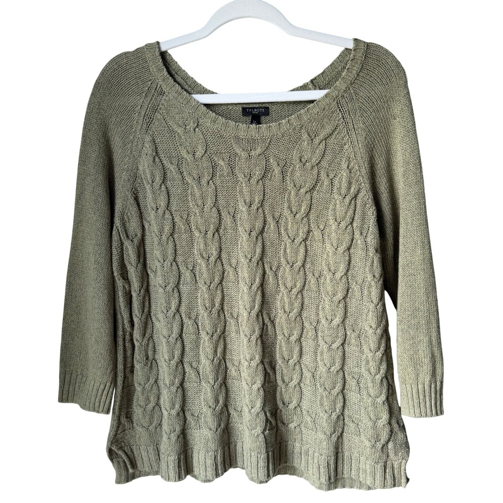 Talbots Petite Linen Cotton Blend Cable Knit Sweater Taupe Pullover Large Petite